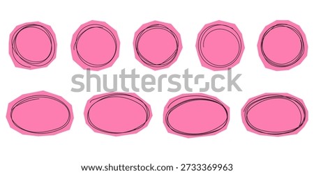Set of pink paper cutout round frames with black hand drawn doodle scribbles