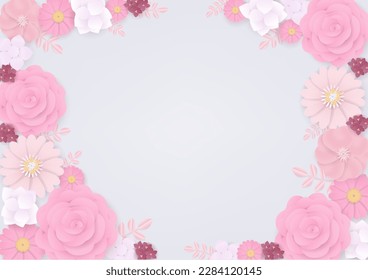 Set of pink paper flowers and leaf frame on white background. Paper cut and craft design.