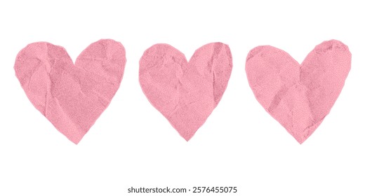 Set of pink paper hearts on white background, collage elements with gritty texture of crumpled paper, jagged edges, love and romance, cute halftone stickers.