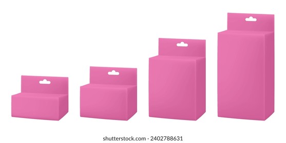 Set of pink paper packaging boxes with hanging hole. Blank product package mockup	