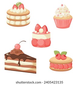 Set of pink pastries with fruit in cartoon style. Chocolate cake, muffin, cupcake, macaroons with raspberry, strawberry, cherry and kiwi. Vector