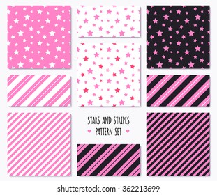 Set of pink patterns with stars and stripes