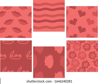 Set of pink patterns. Valentine's Day. Love and romance. Design for cards, invitations, gifts.
