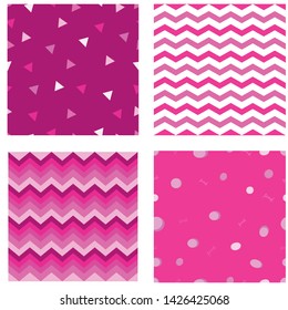 Set of pink patterns. Patterns with zigzag. Pattern with circles. Pattern with triangles. Bright pink patterns