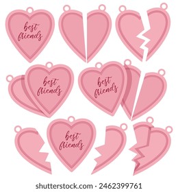 A set of pink pendants in the shape of a heart with the inscription best friends and a split hit for Friendship day