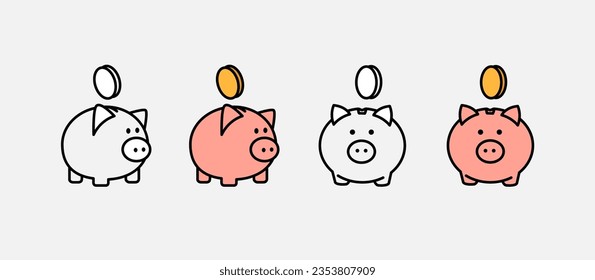 Set of pink piggy banks, linear icon, coin logo. Concept of saving and saving money, banking and financial system. Vector illustration