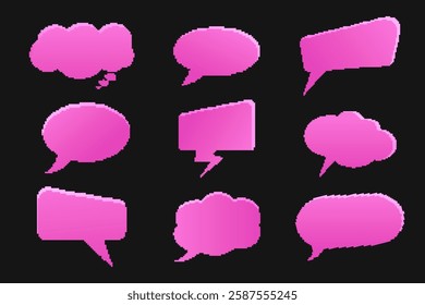 Set of pink pixelated speech bubbles in 8-bit style. Cute retrofuturistic icon. Perfect for social media, gaming interfaces, chat stickers.