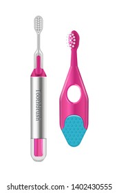 Set of pink plastic toothbrushes, different shapes for brushing teeth with. Personal hygiene items, dental electric equipment with ultrasound, modern equipment with battery, prevention of teeth vector