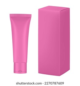 Set of pink plastic tube and box. Realistic mockup. Ointment or salve. Gel serum. Korean packaging. Blank cardboard package	