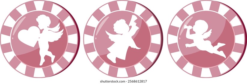 set of pink poker chips with a design for St. Valentine's Day, namely prints of cupids of various types	
