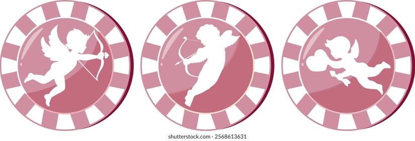 set of pink poker chips with a design for St. Valentine's Day, namely prints of cupids holding a crossbow and cupid's arrows