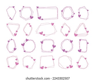 Set pink polygonal geometric frames. Line design elements for wedding invitation card, different celebration and holidays, poster and banner. Decorative lines borders with hearts, festive decoration