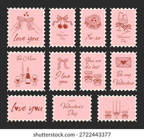 Defina rosa de selos postais para o Dia dos Namorados em um estilo elegante coquette. Vinhetas adesivas, postais sob a forma de carimbo postal. Adesivos românticos retrô. Ilustração vetorial.