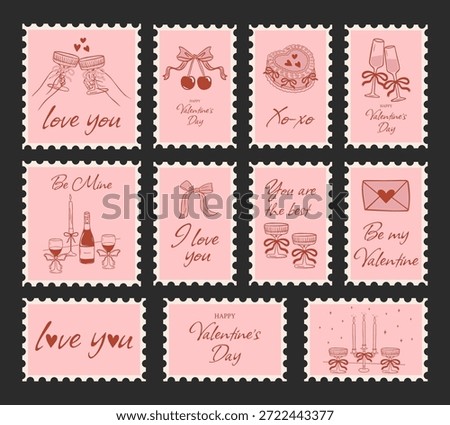 Set pink of postage stamps for Valentine's Day in an elegant coquette style. Vintage stickers, postcards in the form of a postmark. Romantic retro doodle stickers. Vector illustration.