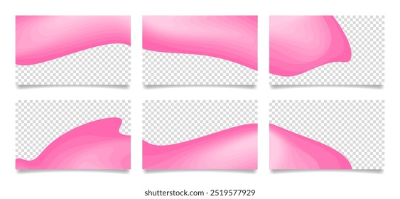 Set of pink presentation slides. Abstract business card templates with transparent space. Backgrounds with sharp wavy lines and gradient transition, dynamic fluid shape.