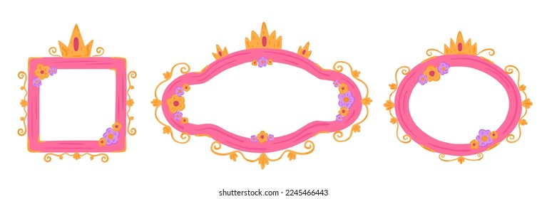 Set with pink princess frame with crown in hand drawn cartoon style