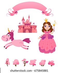 Set of pink princess tale: princess, unicorn, magic castle, ribbon.