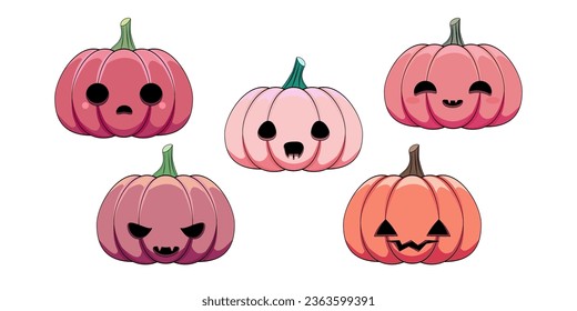 Set of pink pumpkins. Happy Halloween holiday. Spooky pumpkin with smile and other funny and scary faces. Vector illustration.