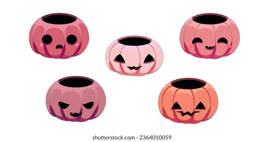 Set of pink pumpkins. Happy Halloween holiday. Spooky pumpkin with smile and other funny and scary faces. Vector illustration.