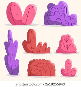 Set of Pink Purple Bushes Collection for Valentine's Day, Bright, Cute, Fresh Style, Doodle Art, Vector Illustration
