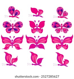 Set of pink and purple butterflies with open and closed wings. Vector illustration in flat style, isolated on white background.