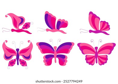 Set of pink and purple butterflies with open and closed wings. Vector illustration in flat style, isolated on white background.