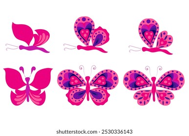 Set of pink and purple butterflies with open and closed wings. Vector illustration in flat style, isolated on white background.