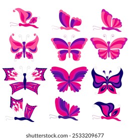 Set of pink and purple butterflies with open and closed wings. Vector illustration in flat style, isolated on white background.