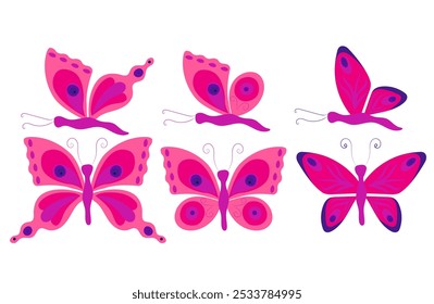 Set of pink and purple butterflies with open and closed wings. Vector illustration in flat style, isolated on white background.