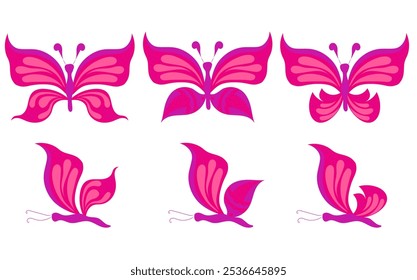 Set of pink and purple butterflies with open and closed wings. Vector illustration in flat style, isolated on white background.