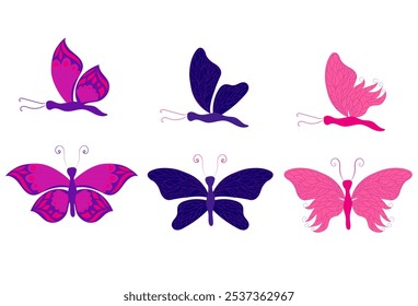 Set of pink and purple butterflies with open and closed wings. Vector illustration in flat style, isolated on white background.