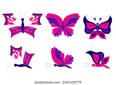 Set of pink and purple butterflies with open and closed wings. Vector illustration in flat style, isolated on white background.