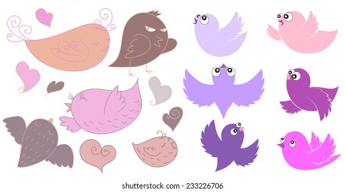 A set of pink and purple colored funny cute drawn by hand birds for Valentine's day