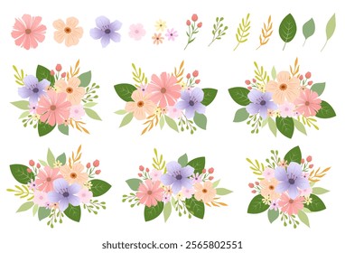 Set of pink purple floral arrangements and decorations. Vector floral arrangements for greeting card, invitation design or wedding concept