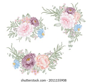 set of pink purple flower arrangement watercolor illustration