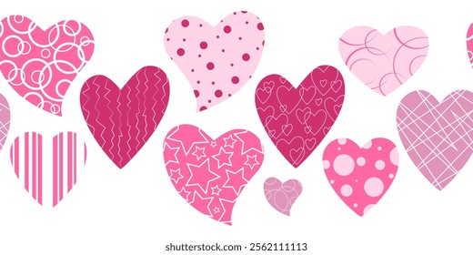 Set of pink and purple hearts with different style on white background. Seamless border. Vector illustration for wrapping paper, ribbon, print.