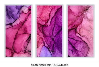 Set of pink and purple marble texture with gold particles. Alcohol ink.  Abstract background. Painted by hand with alcohol ink. Banner, poster design. Vector.
