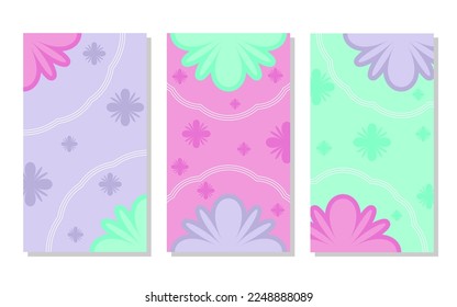 set of pink, purple and pastel green abstract portrait background with flower pattern and lines. simple, flat and colorful. used for wallpaper, backdrop, social media stories and poster