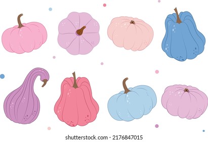 Set with pink and purple pumpkins. Holiday decoration. Halloween set.