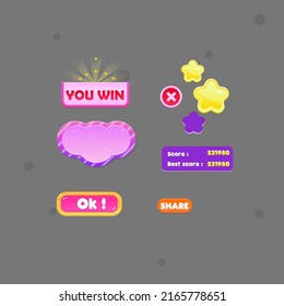 Set Pink Purple Rounded Pop Up Window You Win With Dots And Stripes GUI Cute Colorful Cartoon Vector Design