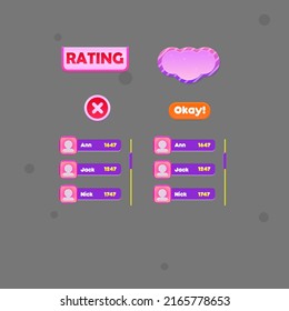 Set Pink Purple Rounded Pop Up Window Rating Chart Users With Dots And Stripes GUI Cute Colorful Cartoon Vector Design