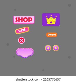 Set Pink violett gedeckter Pop Up Window Shop Crown Price mit Punkten und Streifen GUI Cute farbenprächtiges Cartoon Vectordesign