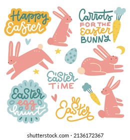 Set of pink rabbit characters and design elements for Easter holiday. Easter bunny, carrots, lettering happy easter, egg, stars and other vector hand drawn elements.