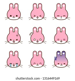 Set of pink rabbit emoticons with different expressions. Emoji faces. Simple cartoon vector illustration
