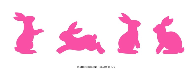 Set of pink rabbit silhouettes in different poses. Flat bunny vector icons for Easter, kids illustrations, spring decor and animal design elements