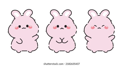 Set of pink rabbit in various poses on white background.Cute animal character desing.Pet hand drawn collection.Kawaii.Vector.Illustration.