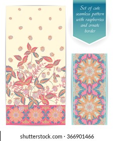 Set of pink raspberries seamless vertical floral design and ornate border. The border can be used as an independent seamless pattern. Use fabric for dresses, bedding, web design, wallpaper etc