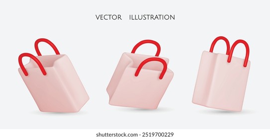 Set of pink realistic shopping bags in realistic style. Stylish fashionable bag isolated on white background. 3D Vector illustration