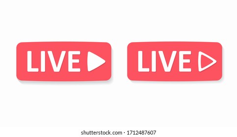 A set of pink rectangular buttons for live broadcasting. An element with a play button for news, blogs, streams, and online broadcasts. Vector illustration