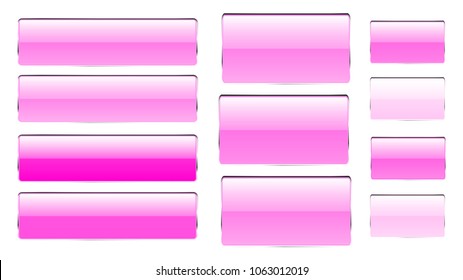 Set of pink rectangular and square glass transparent bright beautiful vector buttons of different shades with a silvery metal frame for clicks, clicking icons for the site. Vector illustration